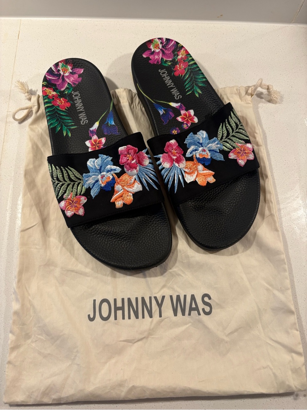 Johnny Was Black Floral Embroidered Slide Sandals with Multicolor Blooms